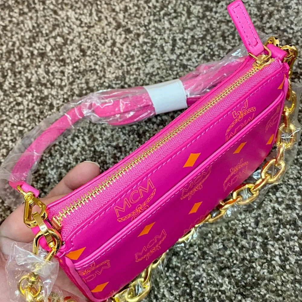 NWT MCM Fuchsia Pink Mini Color Splash Logo Leather Shoulder Bag - Picture 10 of 13
